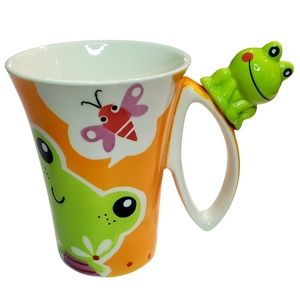 Indra Hand Painted Fine Stoneware 3D Happy Frogs Butterfly Orange Coffee Cup